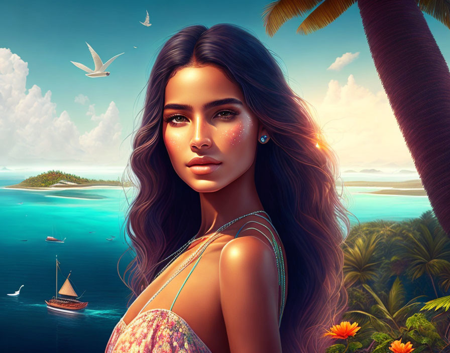 Woman with Sparkling Makeup in Tropical Beach Scene