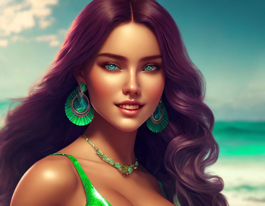 Digital Artwork: Woman with Blue Eyes, Purple Hair, Green Accessories, Teal Beach Background