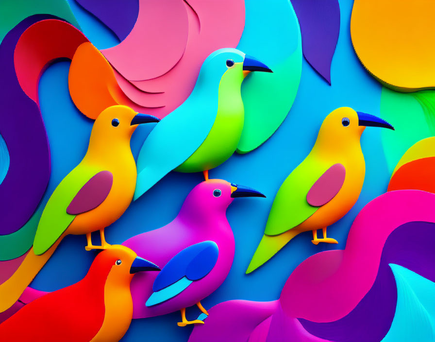 Vibrant paper art: colorful birds and abstract feathers