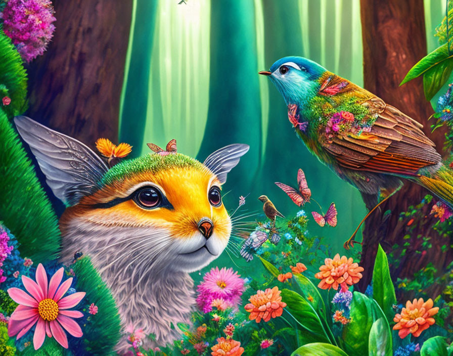 Vibrant cat with fennec fox-like ears in lush greenery with bird and butterflies