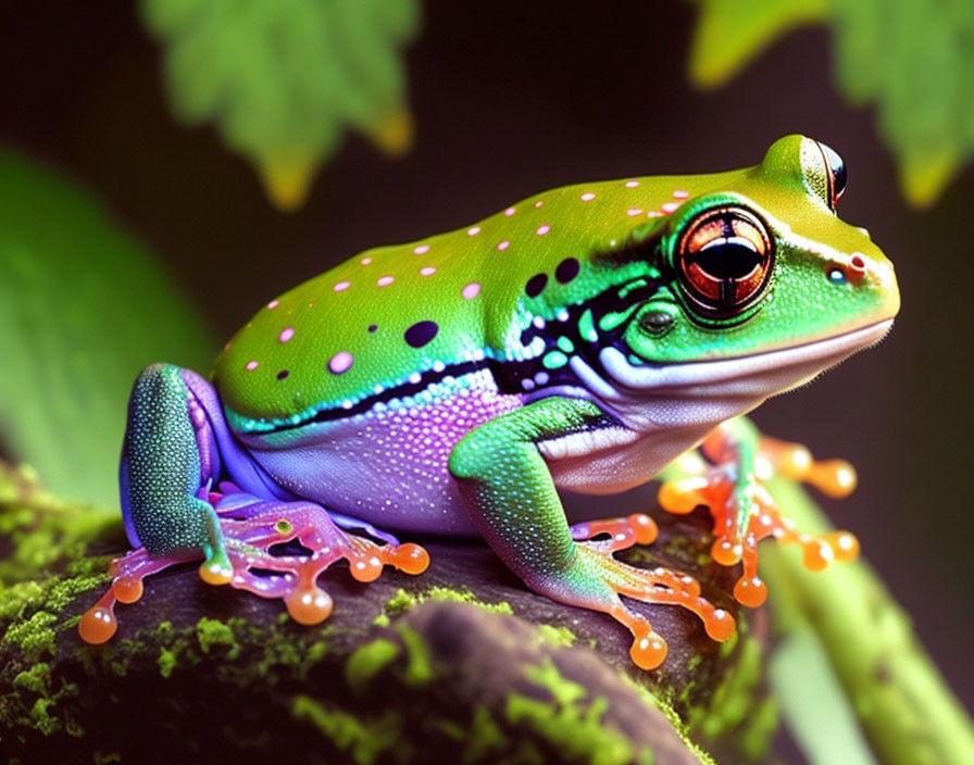 Colorful Frog with Blue Legs and Orange Toes Resting on Branch