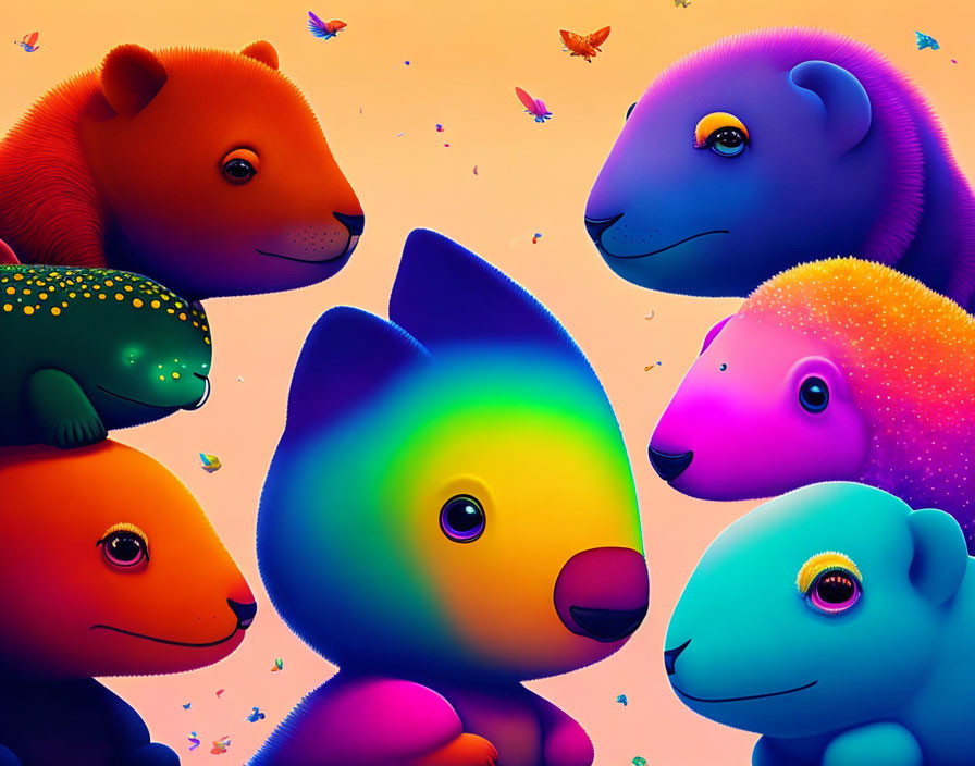 Vibrant animal illustration with gradient textures and rainbow character surrounded by butterflies.