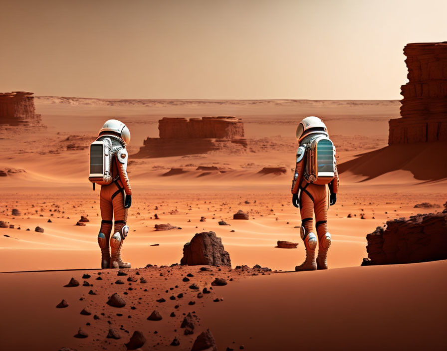 Astronauts in spacesuits on sandy Martian landscape