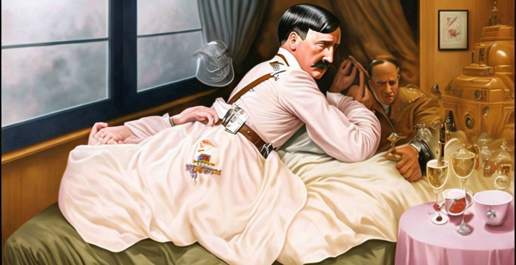 Man in military uniform and pink nightgown, with mustache, in bed with phone.