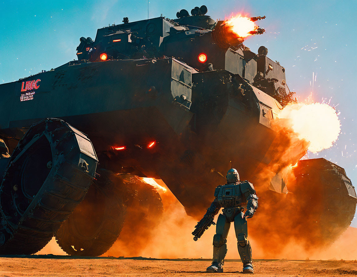 Futuristic robot facing exploding tank on battlefield