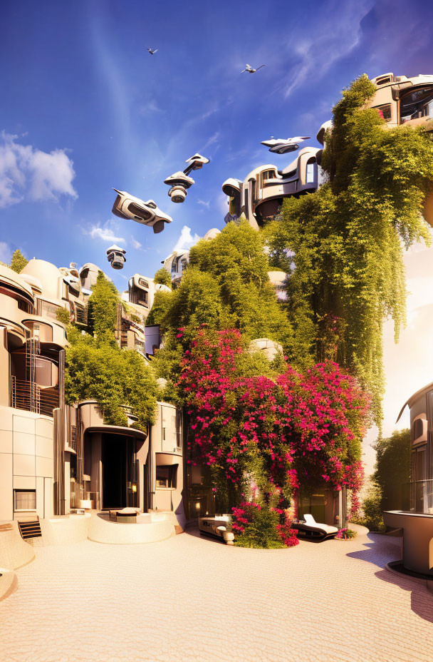 Futuristic cityscape with greenery, flying cars, and vibrant plants under sunny sky