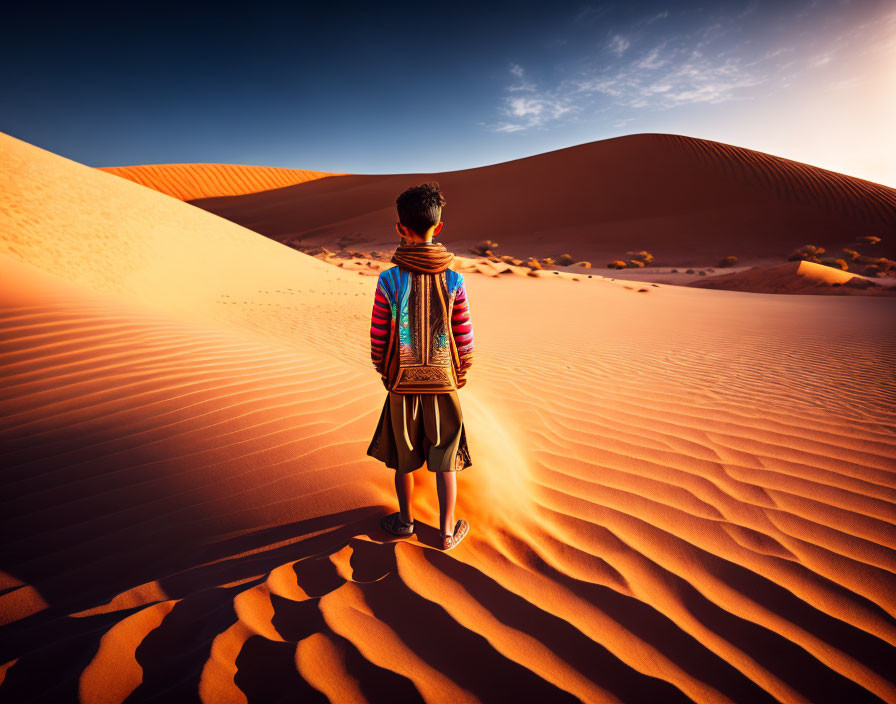 Colorfully dressed person on sand dunes at sunset with long shadow