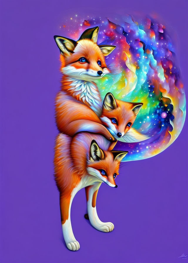 Stylized foxes with cosmic cloud on violet canvas