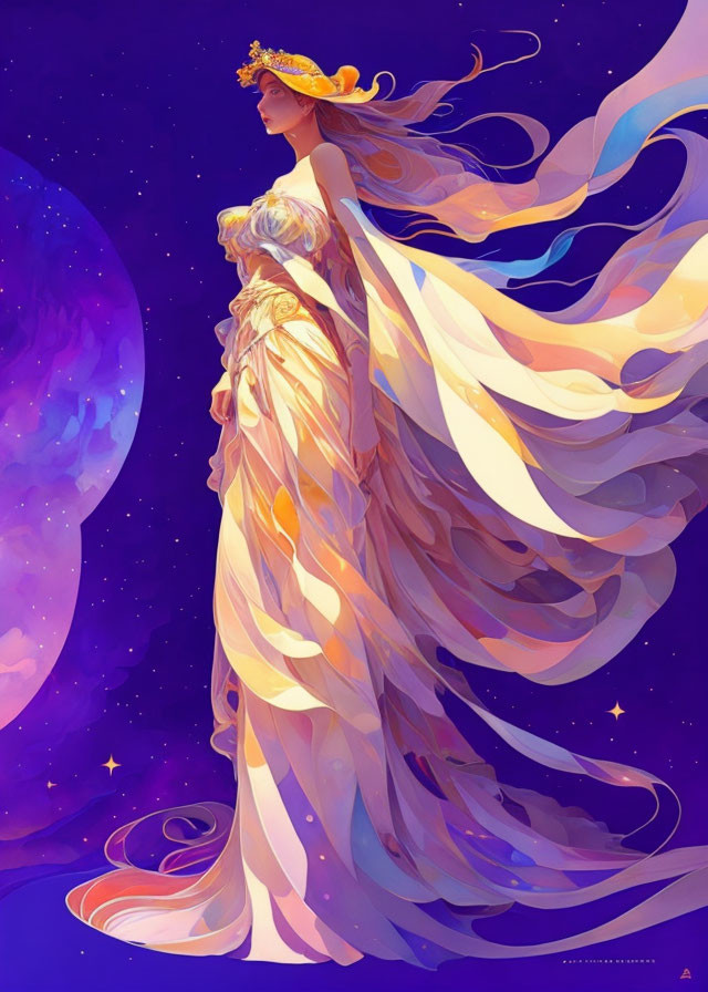 Ethereal woman with golden hair in celestial nightscape