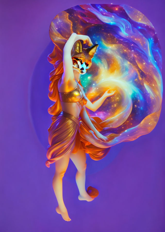 Cosmic fox-human hybrid dancing with swirling galaxy in hands on purple backdrop