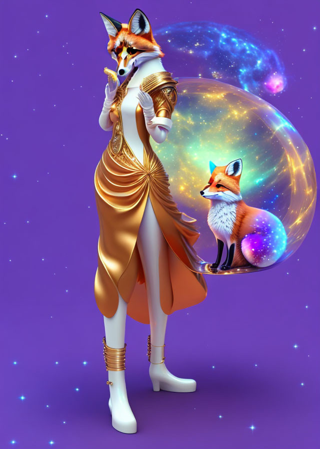 Elegant anthropomorphic fox beside cosmic sphere with realistic fox on purple backdrop