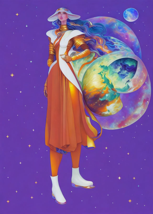 Colorful Space Woman with Flowing Hair and Earth-Moon Background