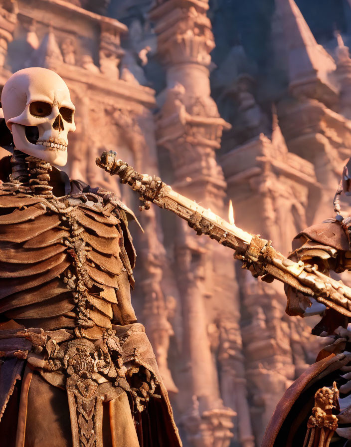 Detailed skeleton figures in tattered robes with staff, fiery temple ruins.