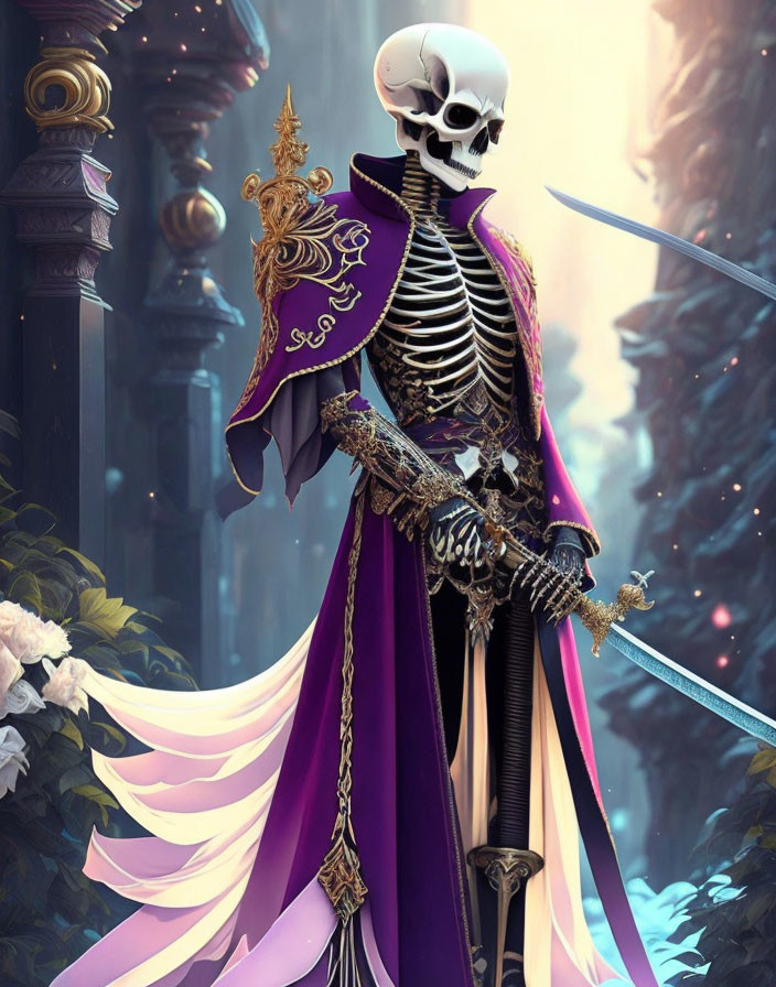 Regal skeleton in purple cape with sword in fantastical forest setting
