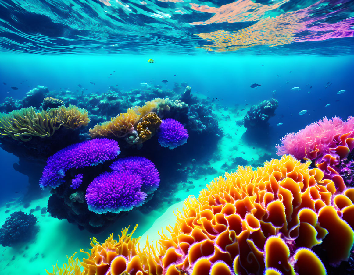 Colorful Coral Reef and Marine Life in Clear Blue Ocean