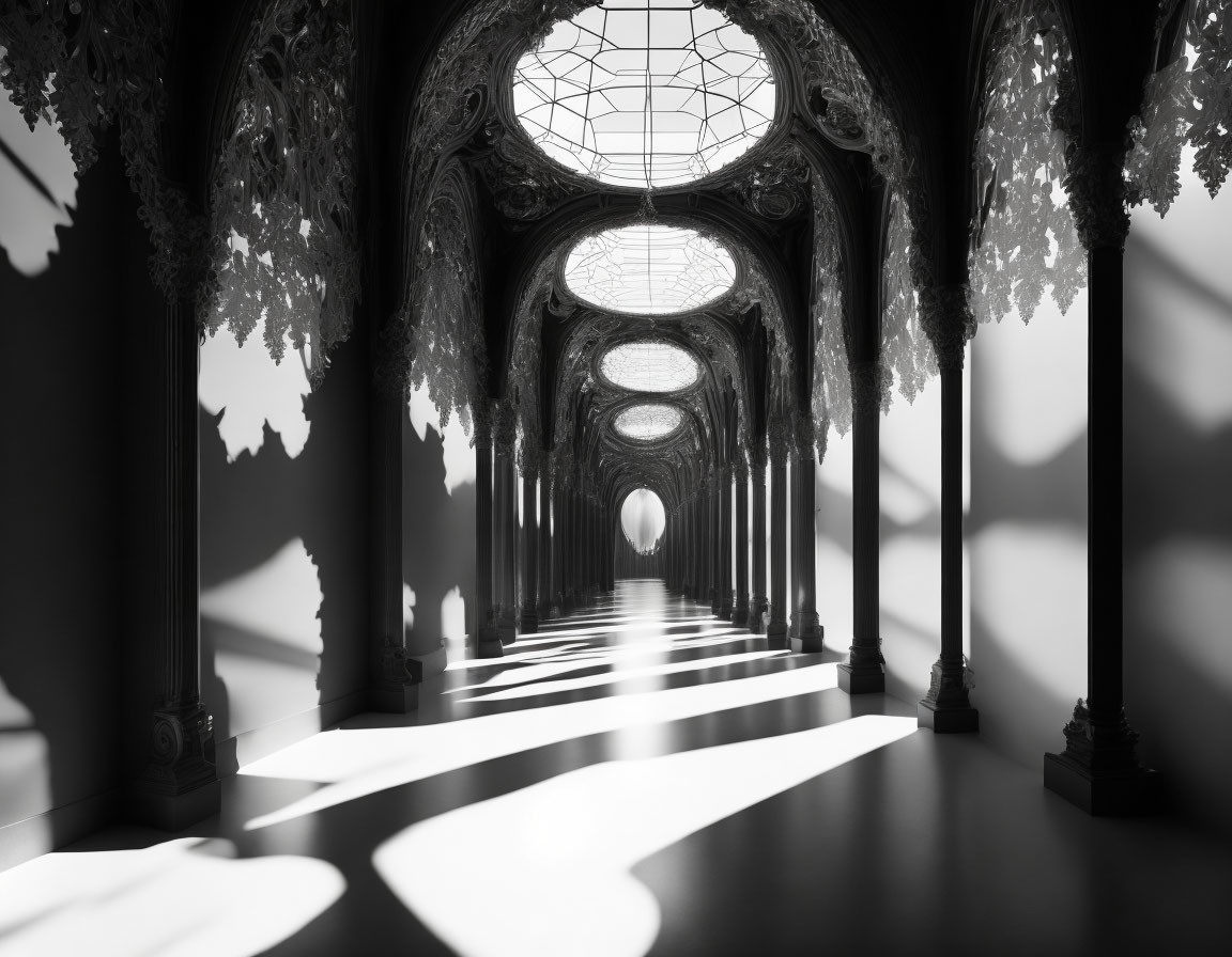 Elegant monochrome corridor with intricate arches and glass ceiling.