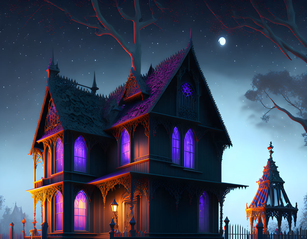 Victorian-style haunted house illustration at night with glowing purple windows