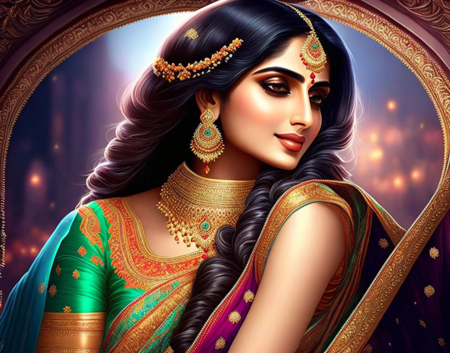 Illustration of Indian woman in green saree with gold jewelry on ornate backdrop