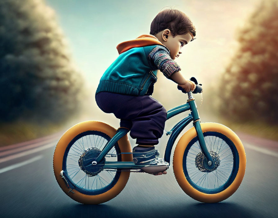 Child riding blue bicycle with orange wheels on paved road