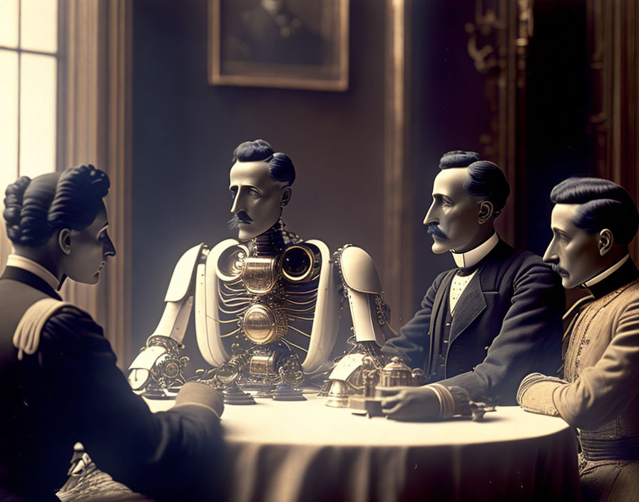 Sepia-Toned Image: Four Figures with Mechanical Features in Vintage Clothing Sitting at Table