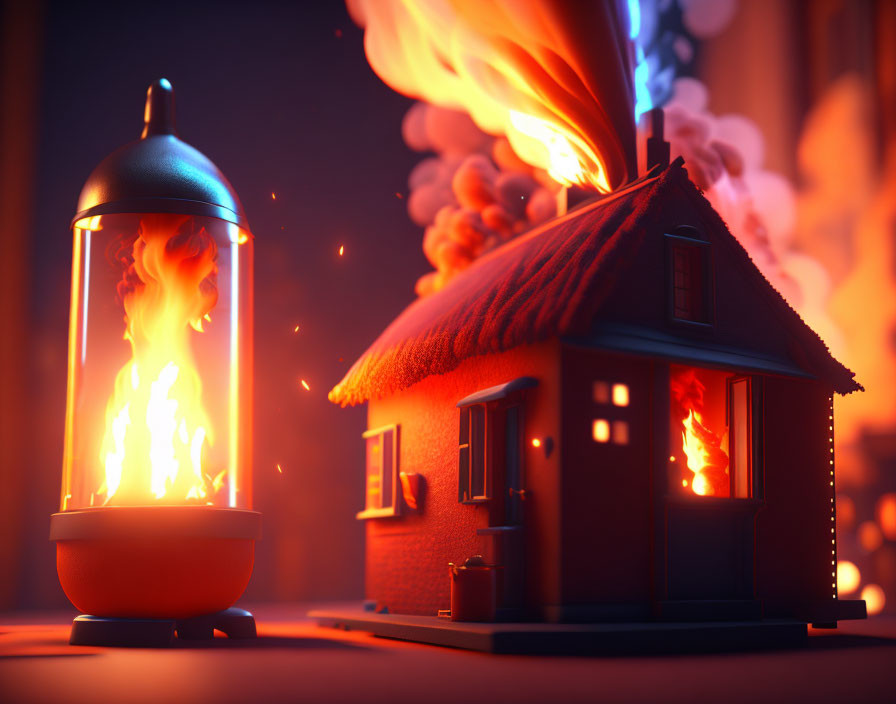 Miniature house engulfed in flames next to oversized lantern.