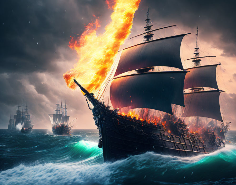 Dramatic naval warfare scene with burning sailing ships on stormy sea