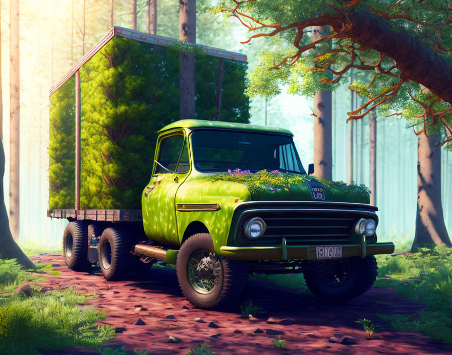 Vintage green truck with flower-filled bed in peaceful forest setting.