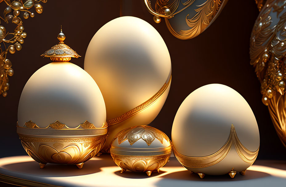 Ornate gold-trimmed eggs on pedestal with intricate designs