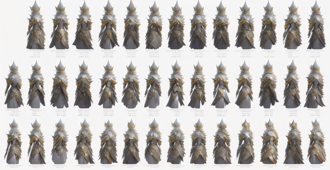 Grid of Fantasy Knight 3D Renderings in Various Poses & Armor Designs