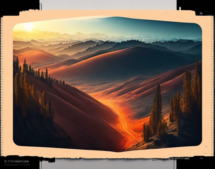 Sunrise landscape with layered mountains and silhouetted pine trees in warm golden light
