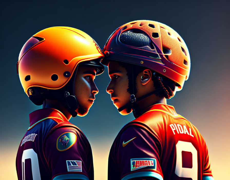 Football players in helmets and jerseys on vibrant background.