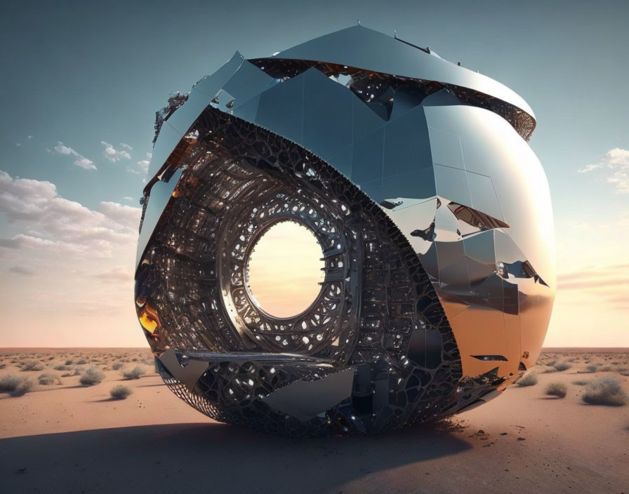 Fractured spherical futuristic structure in desert landscape