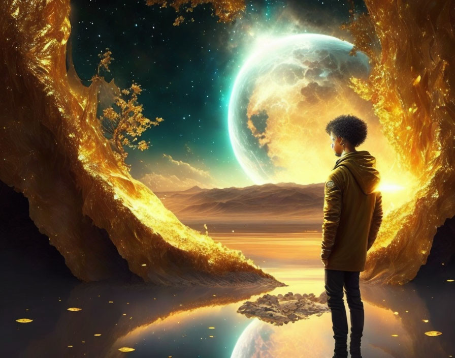 Person admires cavern entrance, giant moon, serene lake, starry sky, and golden light.