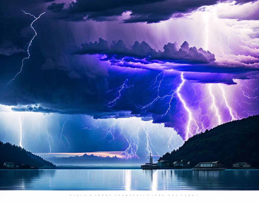 Dramatic lightning strikes in stormy sky over serene lake with silhouetted structures