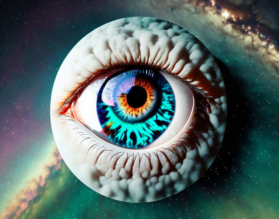 Colorful human eye on cosmic backdrop with iris blending vision and universe