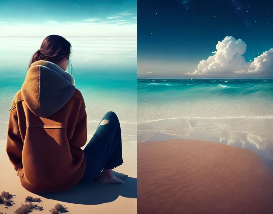 Person in hoodie and jeans sits on beach facing serene ocean at dusk