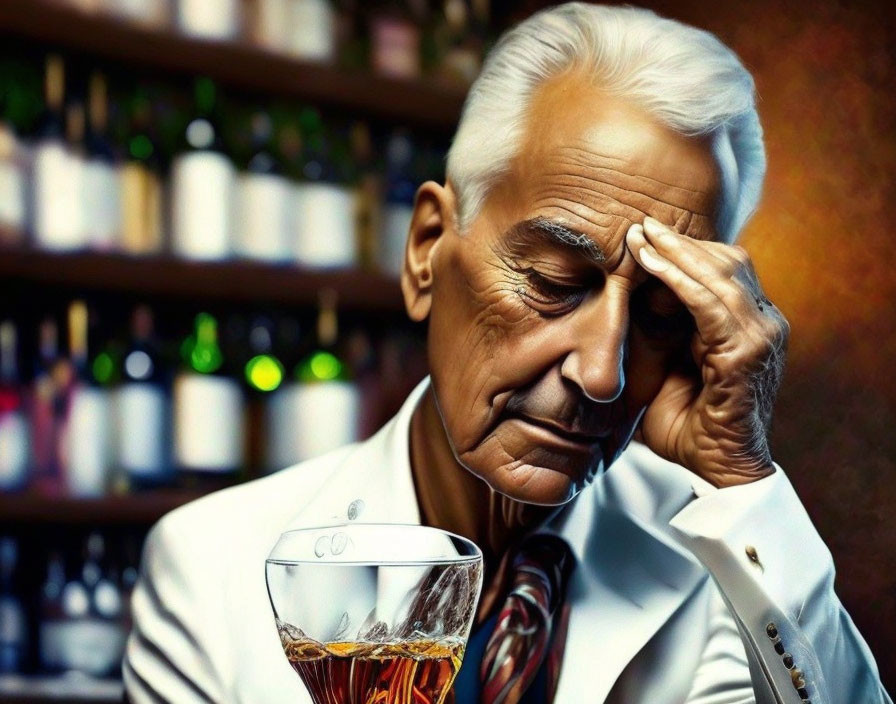 Elderly man in white suit with grey hair holding forehead near whiskey glass