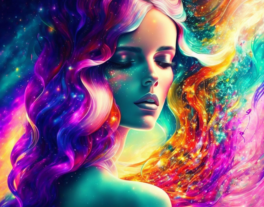 Colorful digital artwork: Woman with flowing hair in cosmic background