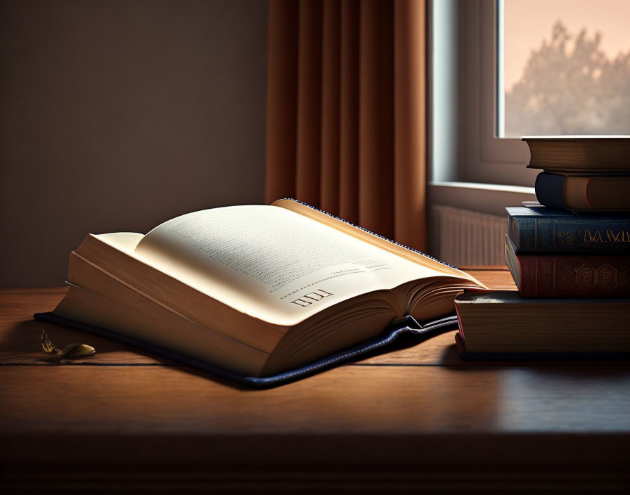 Open book on table beside closed books and window with sunlight.