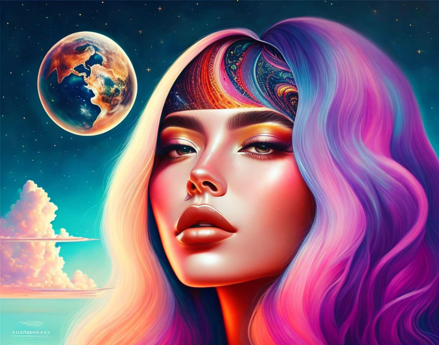 Colorful digital portrait of woman with multicolored hair and headband against surreal Earth backdrop.