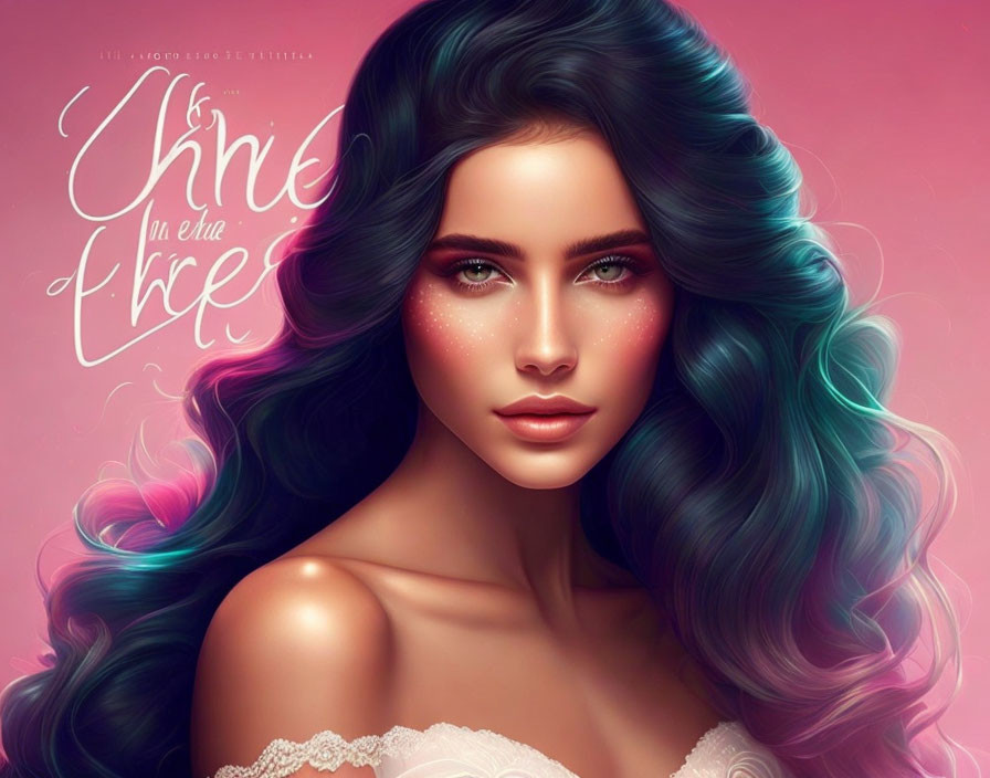 Vibrant digital artwork: woman with blue-green hair and green eyes on pink backdrop.