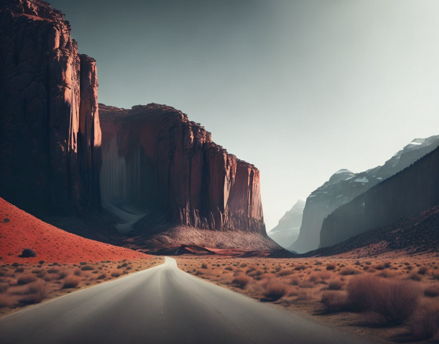 Desert landscape with red cliffs, straight road, and distant mountains