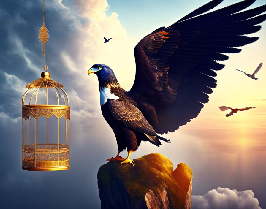 Eagle perched on cliff with outstretched wings near golden birdcage in dramatic sky