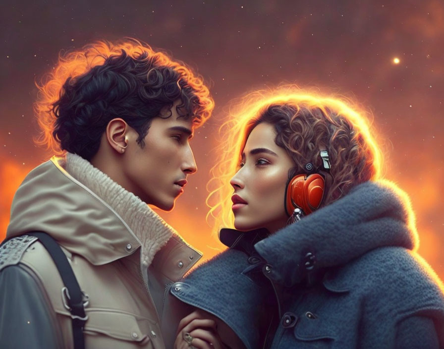 Two individuals in headphones under a starry sky