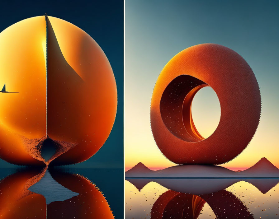 Surreal diptych: reflective sphere, sailboat silhouette, torus, gradient sunset,