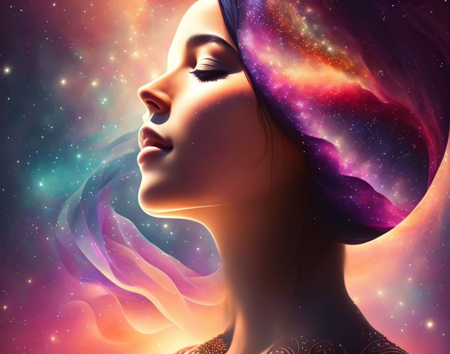 Colorful Galaxy-Themed Hair Illustration on Cosmic Background