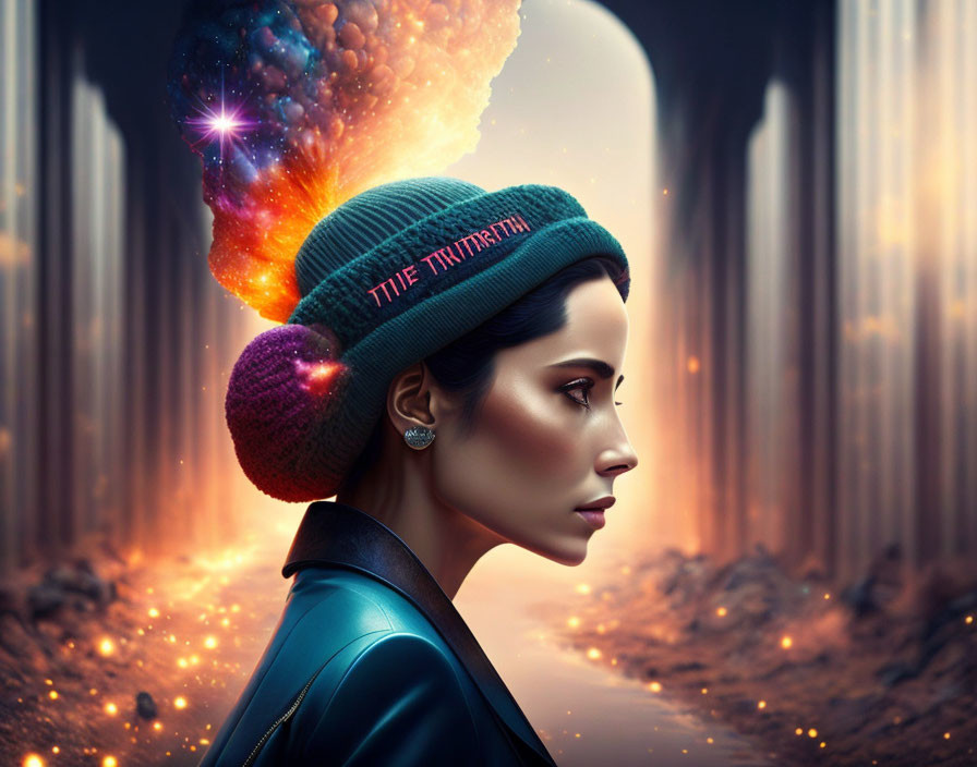 Galaxy-themed hairstyle woman in green beanie against cosmic backdrop.