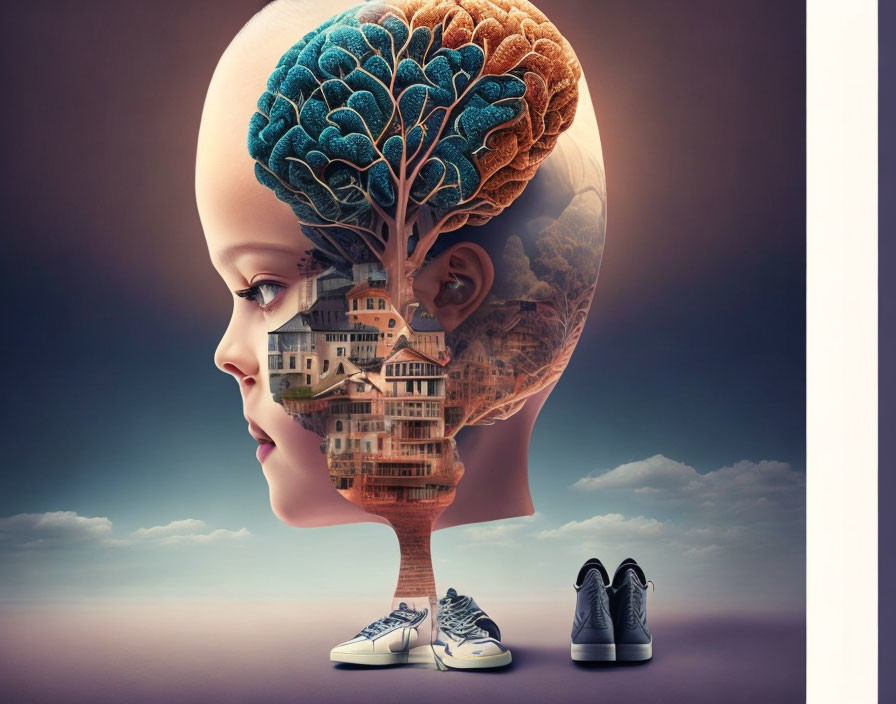 Surreal child's profile with open brain revealing tree and houses, set against cloudy backdrop, with