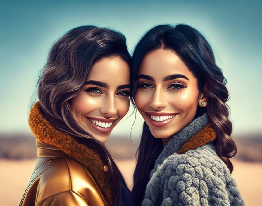 Two smiling women with dark hair in warm jackets standing close together.