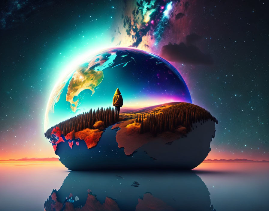 Surreal image of person on spherical Earth in cosmic setting